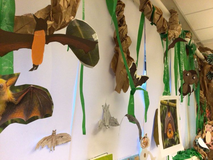 En vegg med kunst og en katt