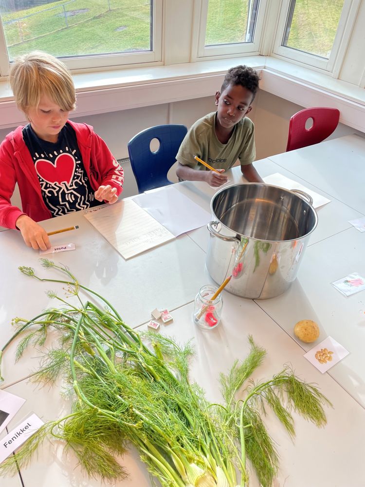 en person og et barn som sitter ved et bord med en plante