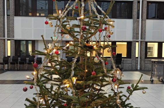 et tre med lys og ornamenter