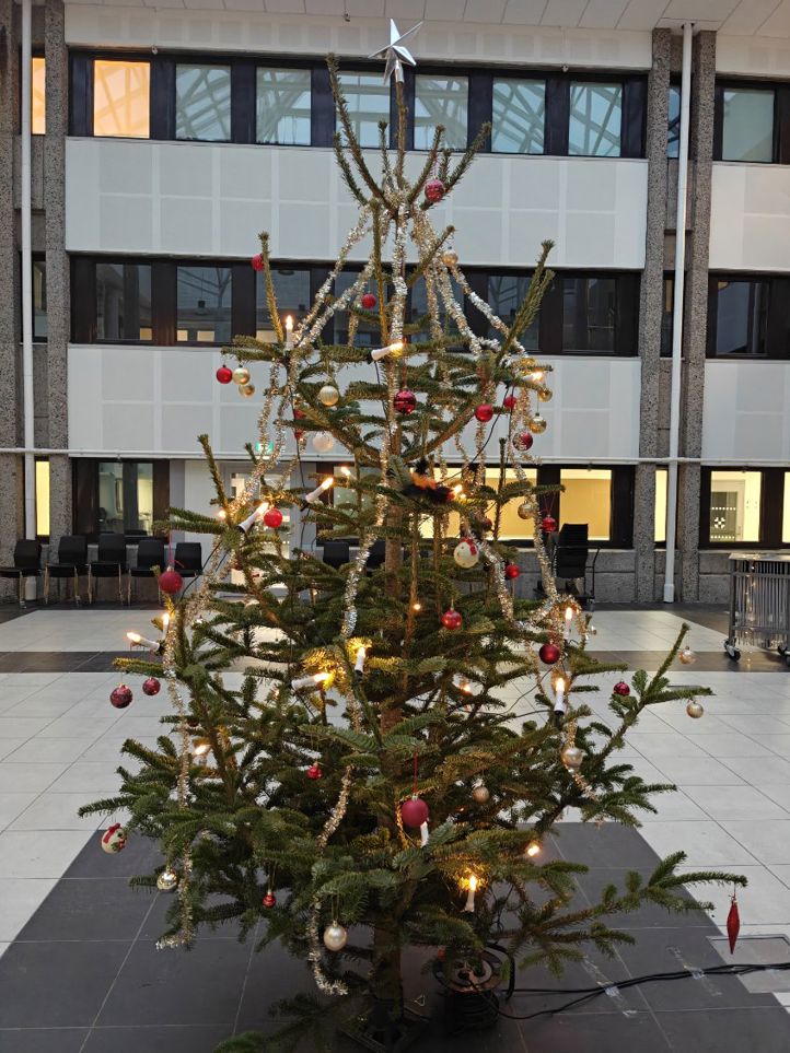 et tre med lys og ornamenter