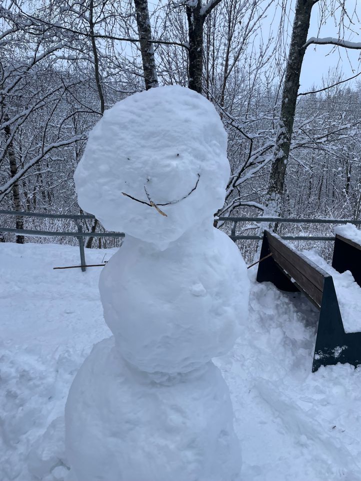 En snøperson i en snødekt hage