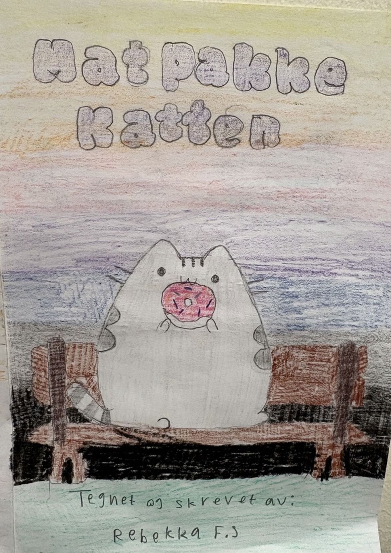 et papir med en tegning av et hus og en benk